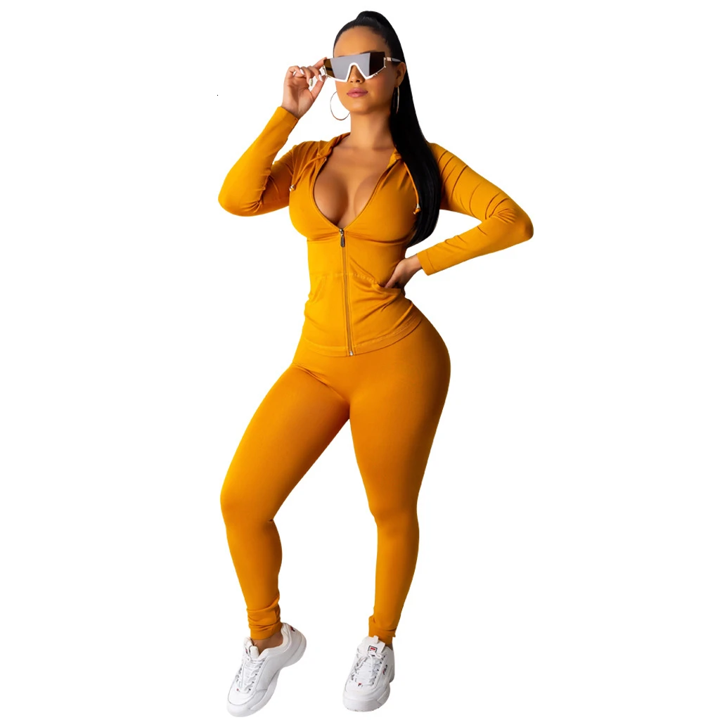 Yellow Sexy Skinny Two Piece Set Women Autumn Winter Long Sleeves Hooded Zipper Top And Full Length Pant Solid Casual Tracksuits - Цвет: C7