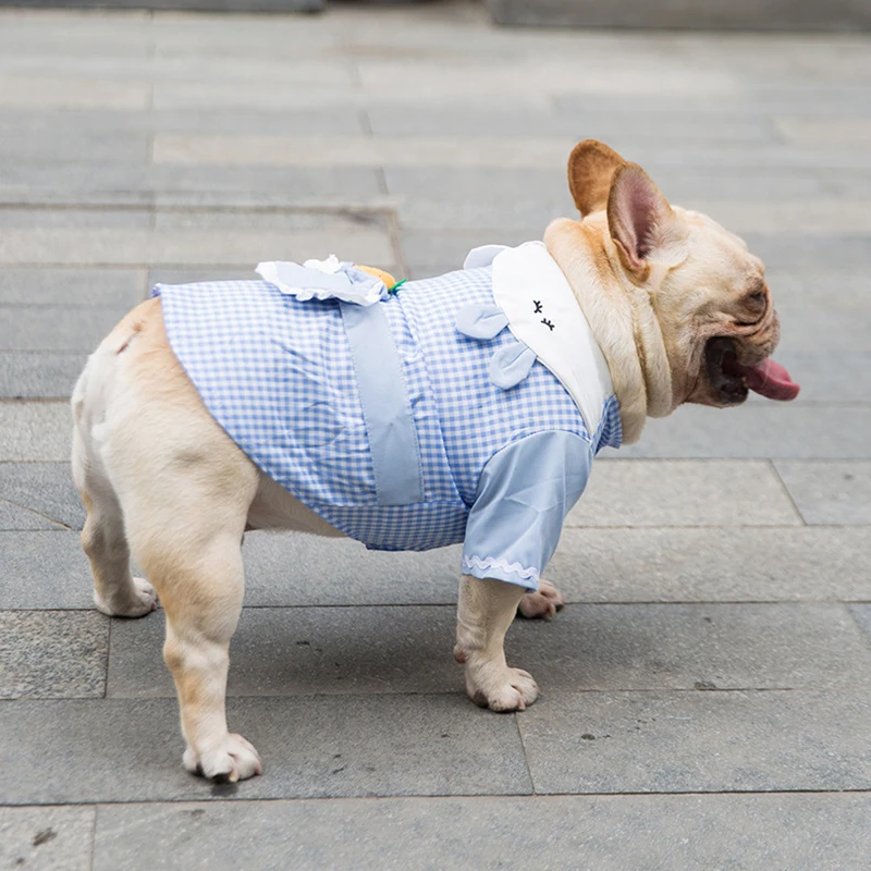 Summer Thin Bulldog T-shirt Shirt Cute Pet Puppy Dog Medium-sized Dog Light Color Plaid Flower Clothes 04