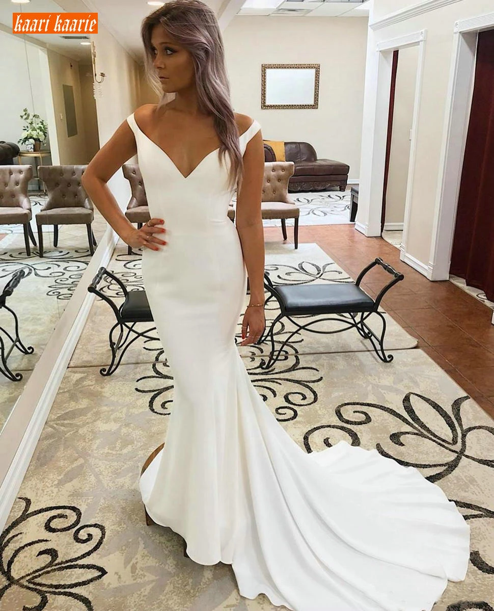 

Vintage Ivory Mermaid Wedding Dress V Neck 2020 Elastic Satin Sweep Train White Bride Dresses Slim fit Custom Made Wedding Gowns