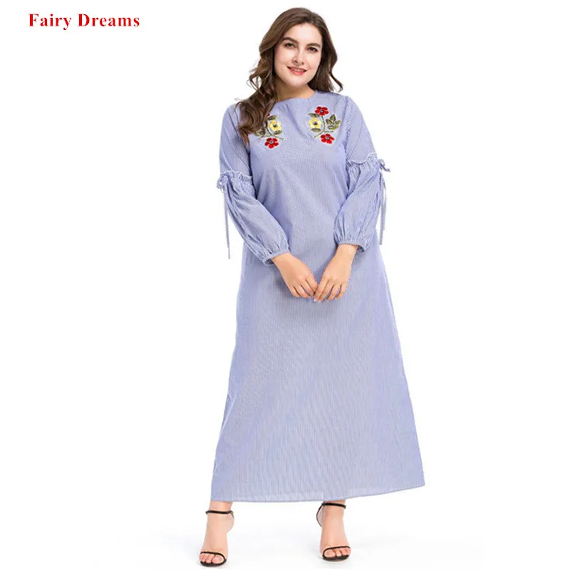 Женское длинное платье-Кафтан Abayas мусульманское платье в полоску с цветочным