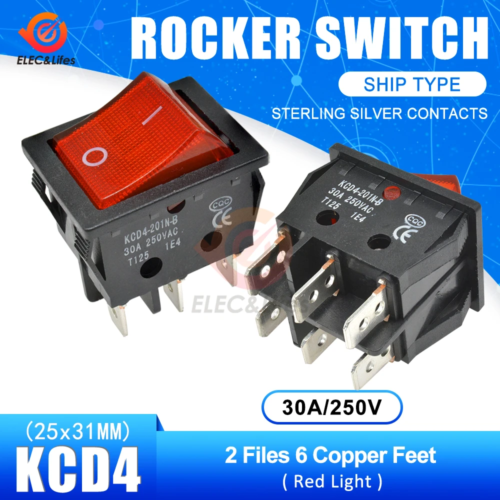 30A 250V 4 6 Pin ON-OFF кулисный переключатель для лодки контакты из стерлингового серебра KCD4 выключатель питания со светодиодным индикатором светильник 30A/250V 25*31MM - Цвет: Black Red 6pin