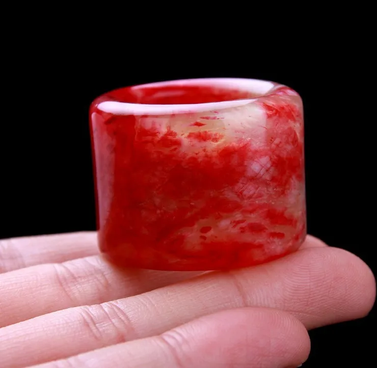 

Natural white jade plate finger, ruby men's ring