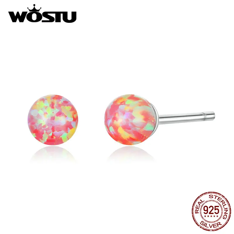 WOSTU Новое поступление 925 пробы серебряные круглые серьги-гвоздики для женщин Свадебные опал цветные маленькие серьги ювелирные изделия CQE752