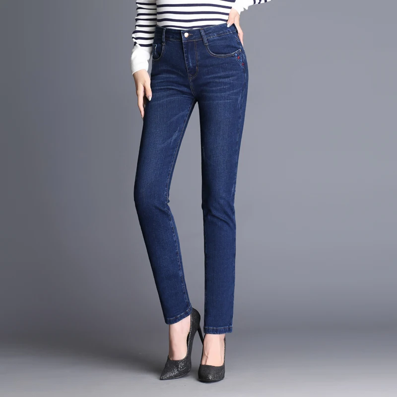 Новые Свободные Slim fit прямые джинсы стрейтч магазин для женщин с высокой талией, расширяющиеся к джинсы размера плюс мама стрейч был тонкий жира прямые брюки для девочек