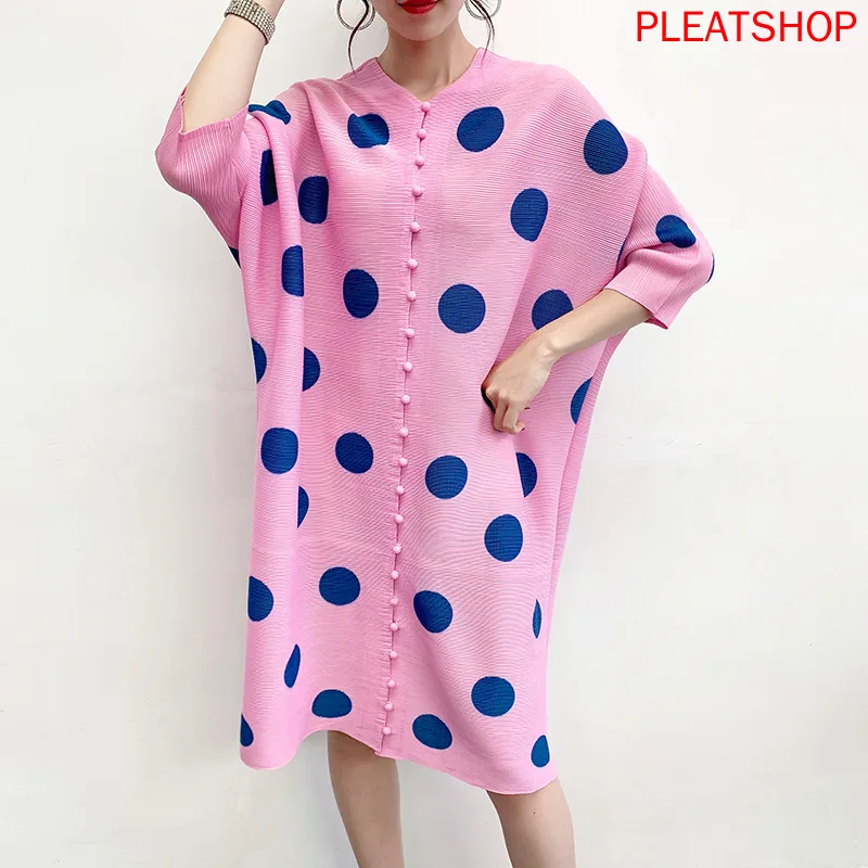 

Miyake Pleated Polka Dot Coat 2020 Summer New Style Mid- length Pink Cardigan Slimming Elegant Plus-sized windbreaker