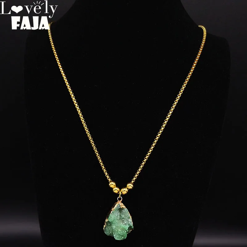 2020 Fashion Green Crystal Stainless Steel Necklace for Women Gold Color Bead Long Statement Necklace Jewelry colgante N20167