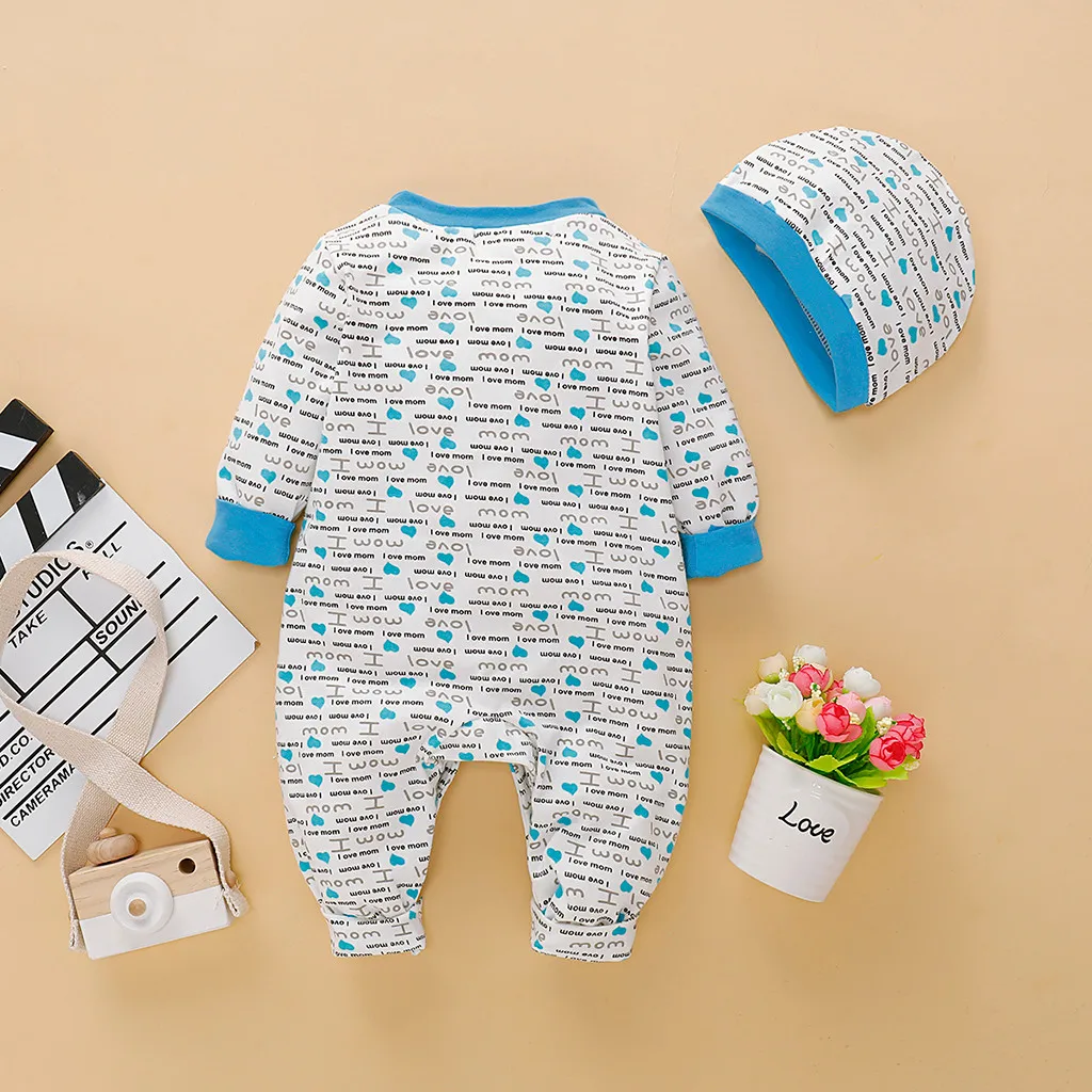 Комбинезон с длинными рукавами и надписью для маленьких мальчиков и девочек; комбинезон+ шапка; одежда с надписью; однобортная одежда с длинными рукавами для малышей