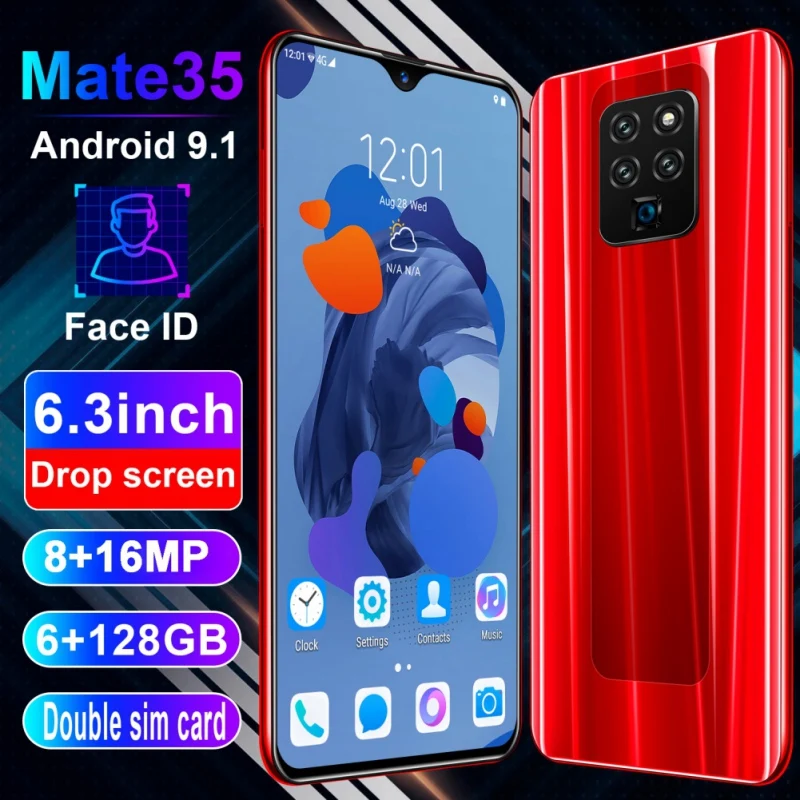 M35p, 6,3 дюймов, 4G смартфон, 6 ГБ ОЗУ, 128 Гб ПЗУ, экран капли воды, мобильный телефон, Распознавание отпечатков пальцев и лица, Разблокировка мобильного телефона