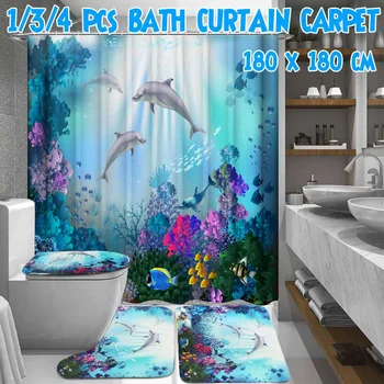 

1/3/4 Pcs Bathroom Shower Curtain Set Dolphin Print Durable Waterproof Bath Curtain Set Toilet Cover Mat Non-Slip Bathroom Rug