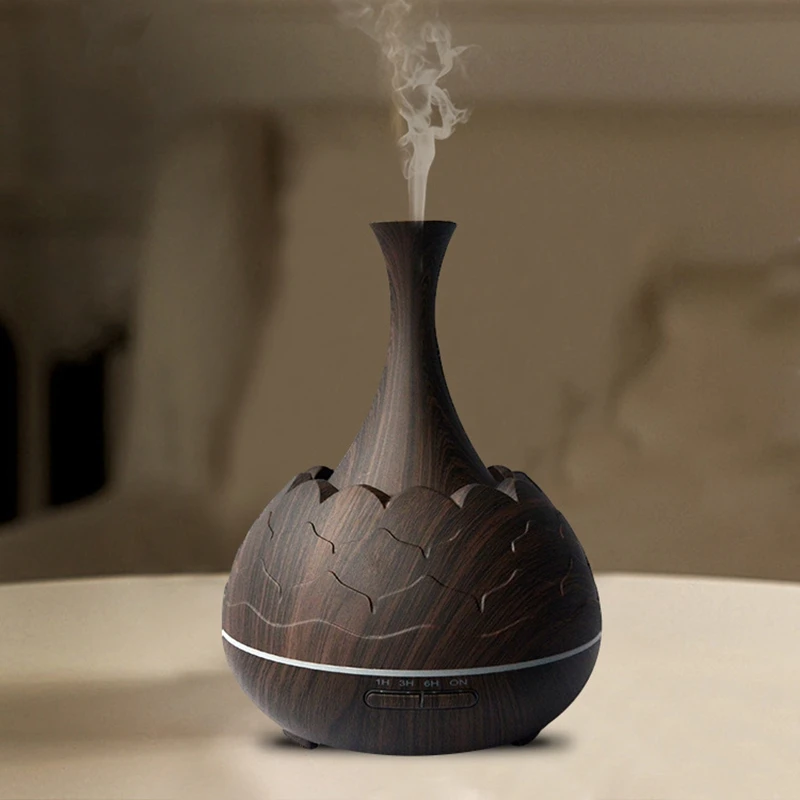 400Ml Ultrasonic Air Humidifier Aroma Essential Oil Diffuser with Wood Grain 7 Color Changing Led Lights for Office Home