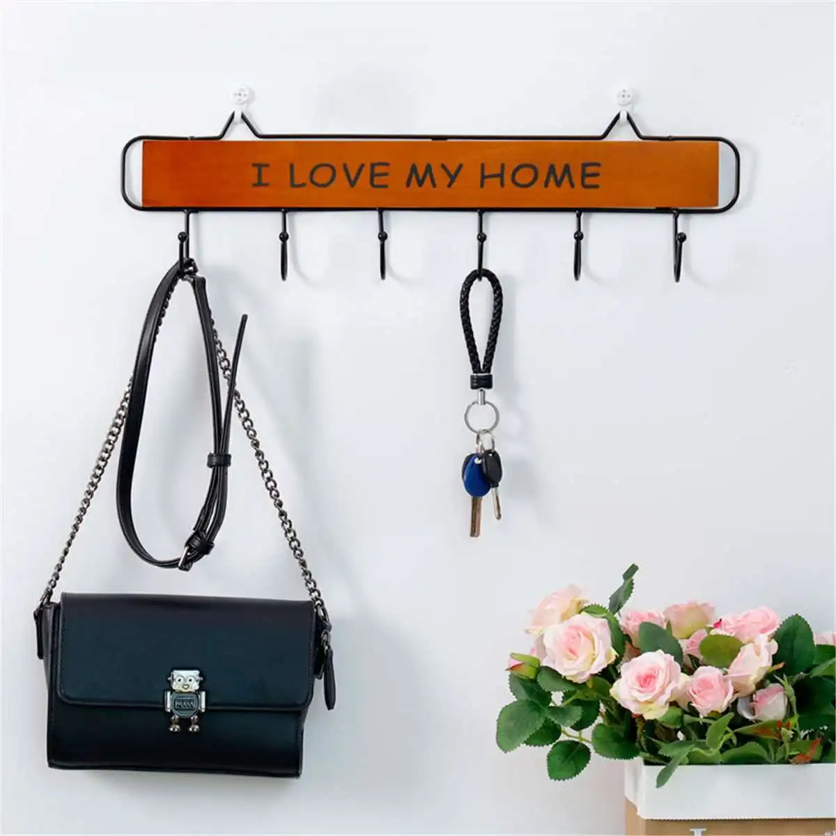 

6Hooks Wood Hook Rack Solid Wrought Iron Coat Hook Kitchen Wall Decoration Bathroom Organizer Tools Clothes Storage Household