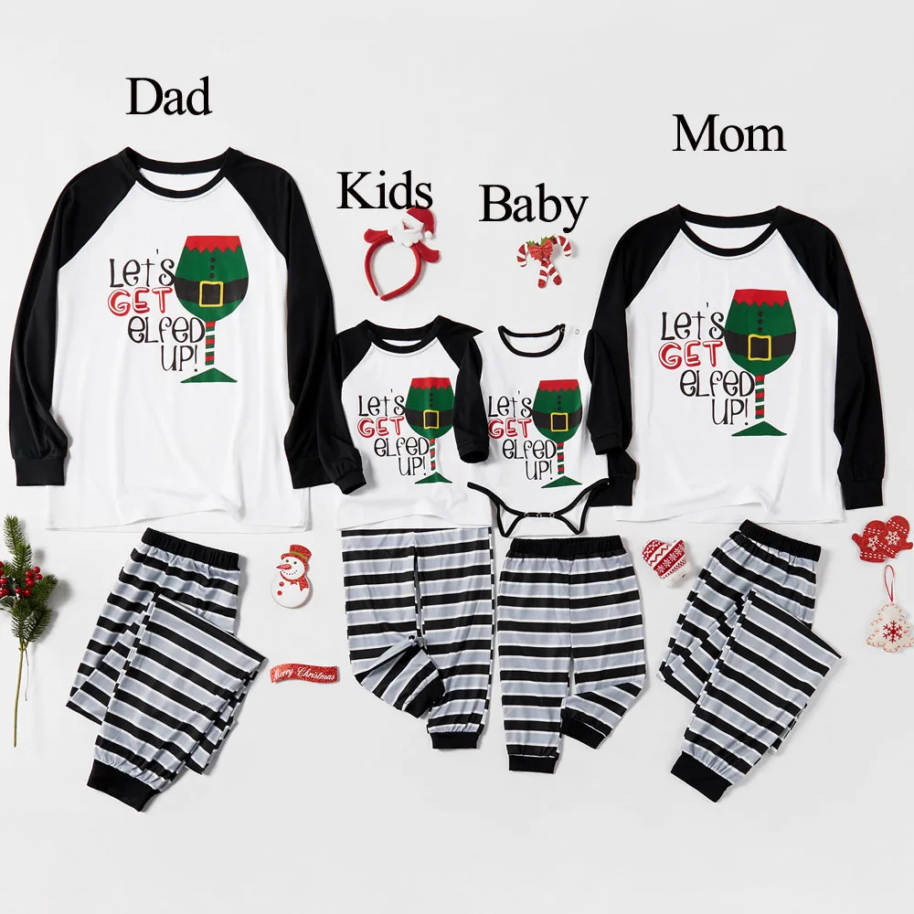 NASHAKAITE Winter Soft Christmas pajamas "Let's Get Elfed Up" Christmas Glass Top and Striped Pants Family Matching Pajamas