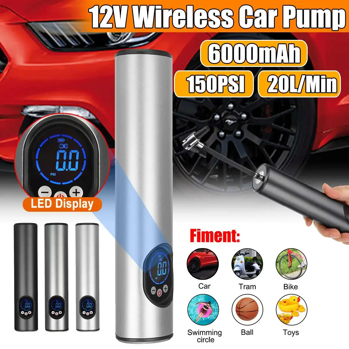 Portable Air Compressor Vastar Mini Electric Air Inflator 2000mAh Rechargeable Lithium Battery with Digital LCD LED Light for Ball and Car Bicycle Tires