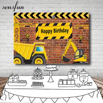 

New Background For Birthday Photography Construction Party Banner Decor Brick Wall Backdrop Excavator Truck Boy Photo Studio
