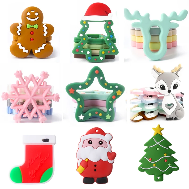 Baby Silicone Teether Christmas Tree Sika Deer Baby Fidget Toys Snowflake Pacifier Chain Food Grade Silicone Teething Toys