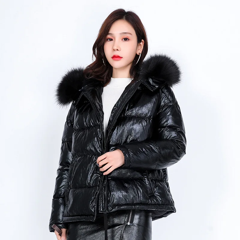 

2019 Female Metal Glossy Parka Jacket Winter Large Sizes Thick Fluffy Hoodie Loose White Duck Down Coat Waterproof Outerwear