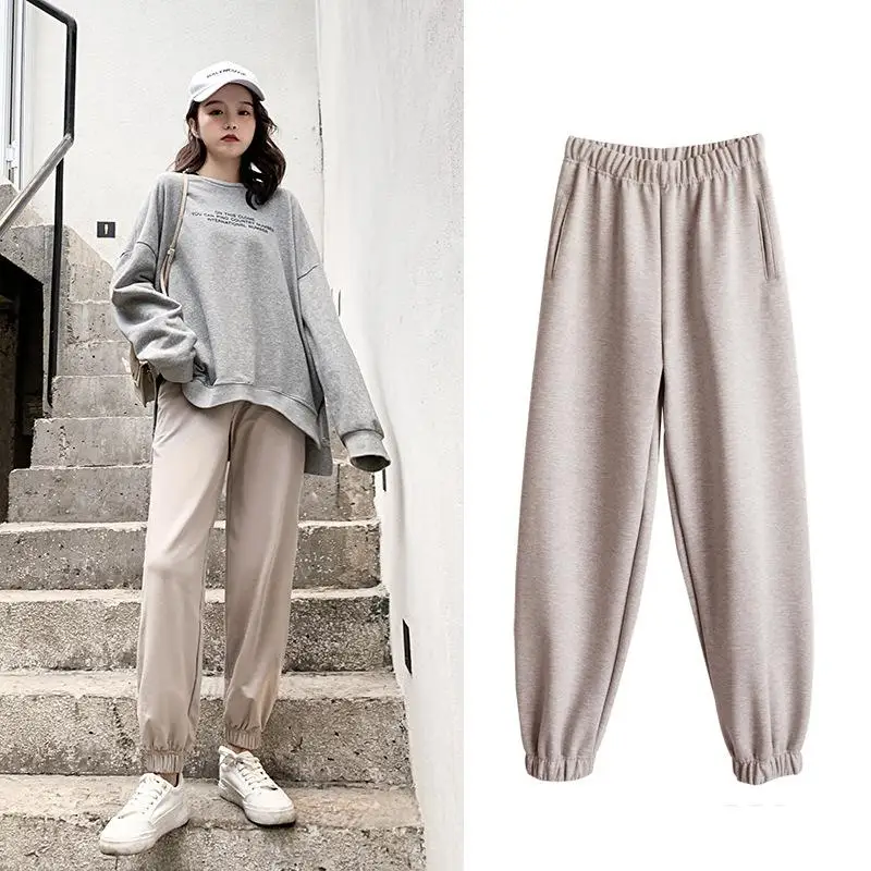 2xl, свободная спортивная женская одежда для зимы и осени, утолщенные черные штаны-шаровары, Женские повседневные эластичные штаны с высокой талией для женщин - Цвет: Spring Fall Beige