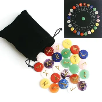 

25Pcs Natural Chakra Crystal Golden Fortune-telling Divination Agate Runes Stones Round Copper Metal Sticker Reiki Healing Decor