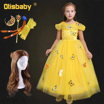 

2018 Girls Belle Dress Birthday Girl Butterfly Bebe Gowns Fantasia Infantil Children's Halloween Party Yellow Dresses Belle Wig