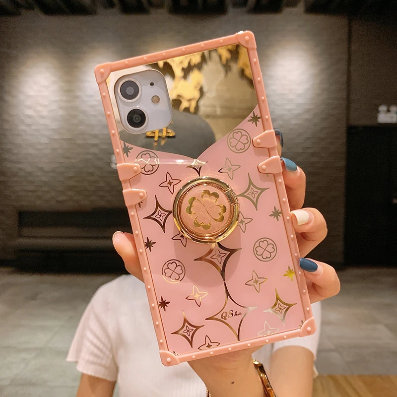 Luxury Square Cute Clover Pink Phone Case For Iphone 12 Mini 11 Pro Xs Max  Xr X 6 6s 7 8 Plus Soft Silicone Mirror Cover Bracket - Mobile Phone Cases  & Covers - AliExpress