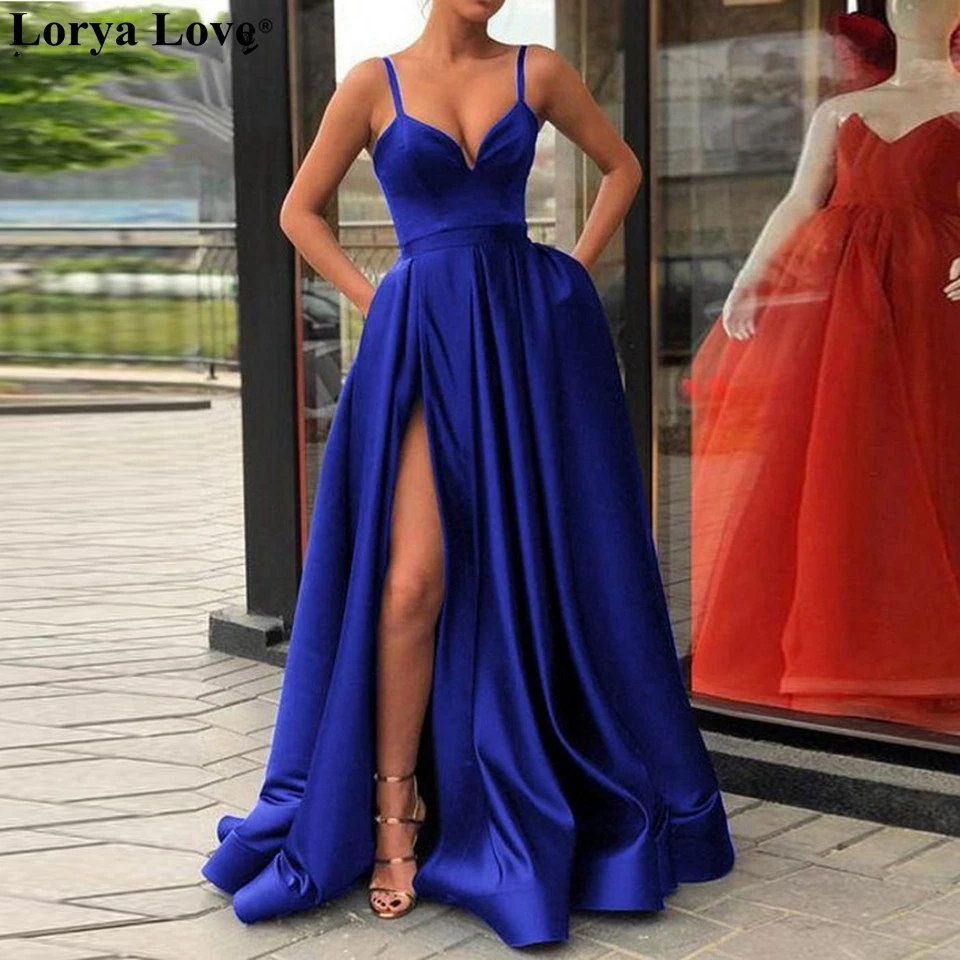 

Royal Blue Split Prom Dresses 2020 Women Formal Party Long Vestidos Gala Simple Spaghetti Straps Robes Elegant Evening Gowns