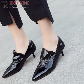 

RIBETRINI Fashion Office Lady Pumps Pointed Toe Genuine Leather Slip On Thin Heel Pumps Women Casual Dress Shoes Woman
