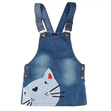 Детское летнее джинсовое платье-комбинезон на бретелях для маленьких девочек Комбинезон, пляжный костюм с короткой юбкой одежда принцессы без рукавов с принтом кота, сарафан