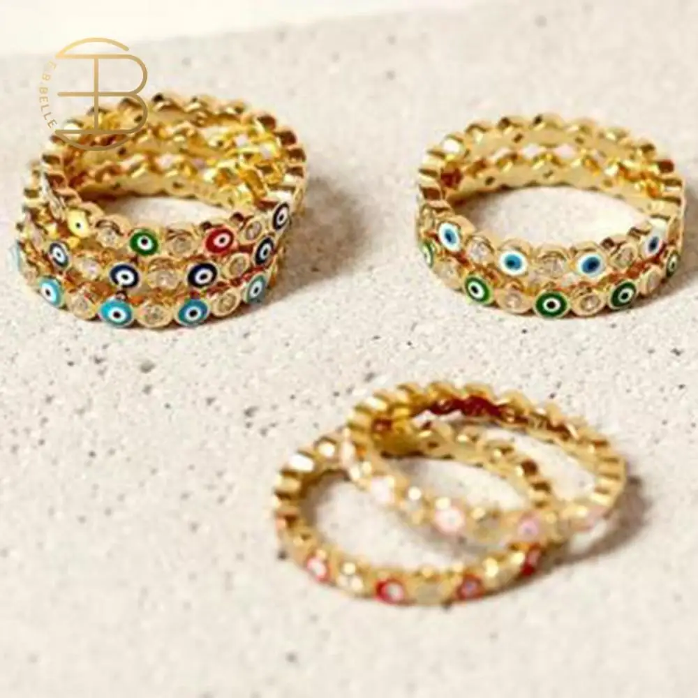 2020 New Bohemian Rainbow Evil Eye Rhinestone Filled Gold Rings For Women Vintage Ladies