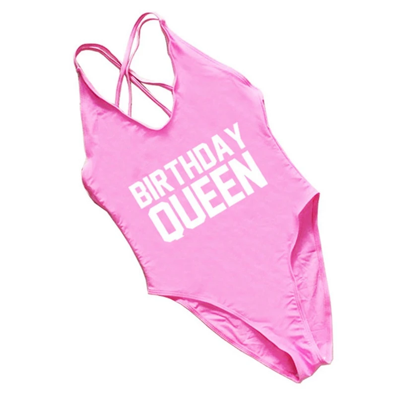 Сексуальный купальник с высоким вырезом, женский купальник на день рождения, королева, золотой принт, купальник, цельный, пуш-ап, монокини, купальный костюм, боди для девочек, пляжная одежда - Цвет: Pink