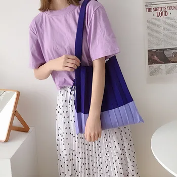 

Knitted Folds Fabric Shoulder Bag for Women Blocking Design Pleated Bags Woolen Cloth Chic Handbag Foldable Strapped Ladies Tote