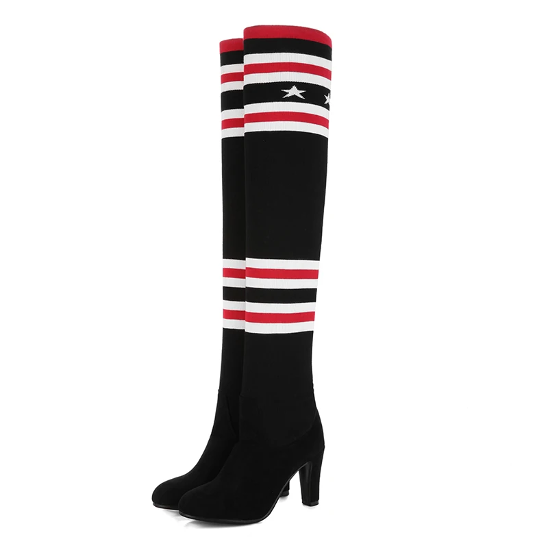 Lucyever Women Boots Socks Shoes New Female Slip on Slim Knitting Stretch Fabric Elastic Over The Knee Plus Size 34-44 | Обувь