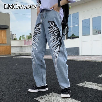 

LMCAVASUN Harajuku Jeans Women Men Feather Wings Printed Denim Pants Vintage High Waist Straight Jeans Unisex Cowboy Streetwear