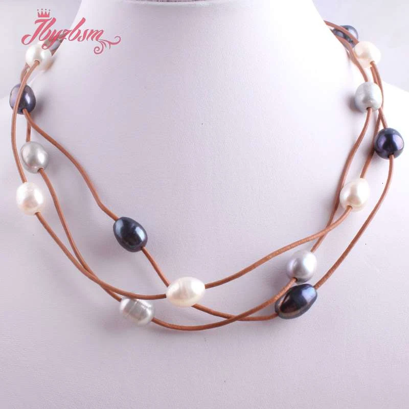 10-12mm Oval Freshwater Pearl Natural Stone Beads For Christmas New Year Gift Jewelry Leather Necklace Lobster Clasp 16