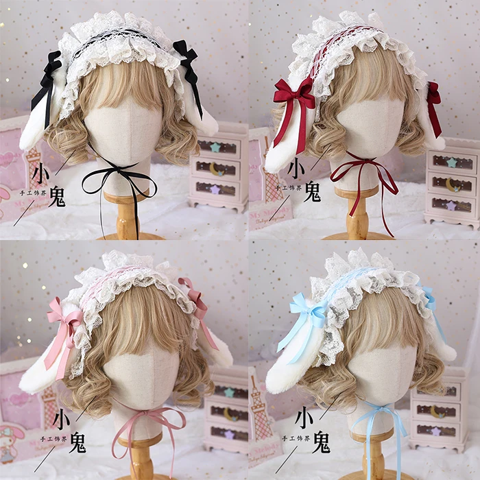 

Lovely Plush Lop Ear Rabbit Detachable Hair Band Soft Girl Kawaii Bunny Hairpin Lolita Lace Bow Headwear KC Hair Accessories
