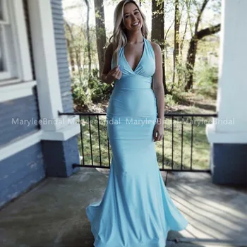 

Halter Neck Maxi Evening Dresses Mermaid Aqua Backless abendkleider Bow Knot robe de soiree Sweep Train Formal Dress For Women