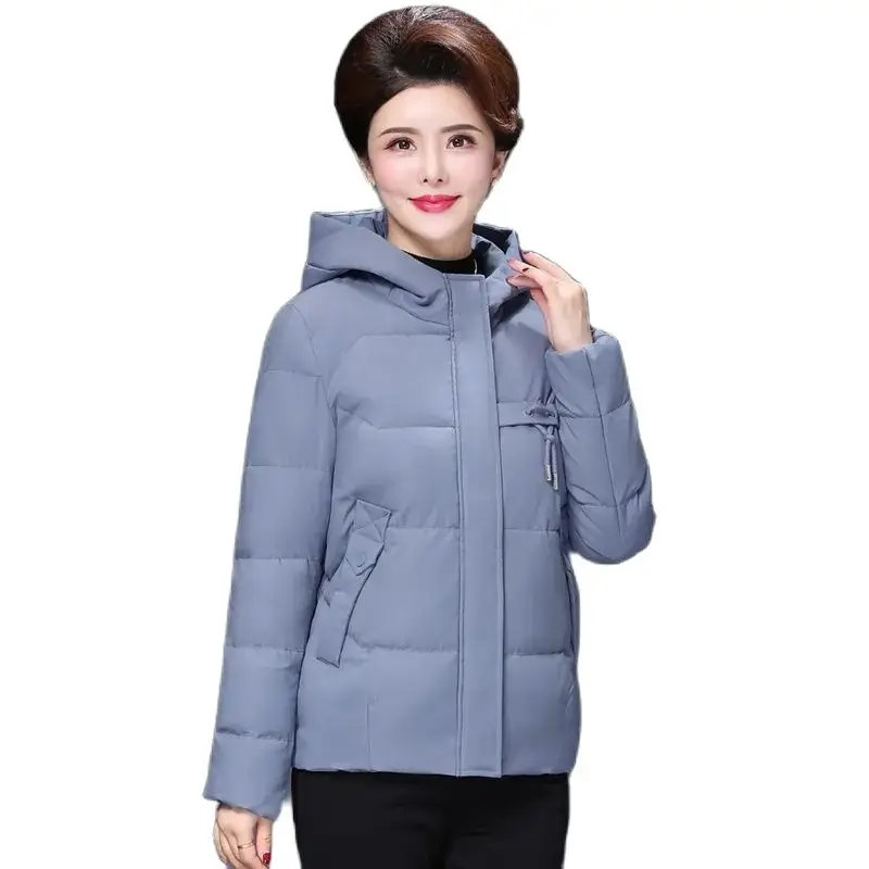 

Middle-Aged Mother Down Cotton Short Solid Color Ladies Jacket New Autumn Winter Loose Hooded Fashion Keep Warm Female Coat