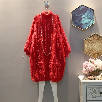 

[EWQ] 2020 Spring Autumn New Solid Loose Large Size Wild Elegant Tassel Full Sleeve Turtleneck Casual Women's Knit Dress TX464