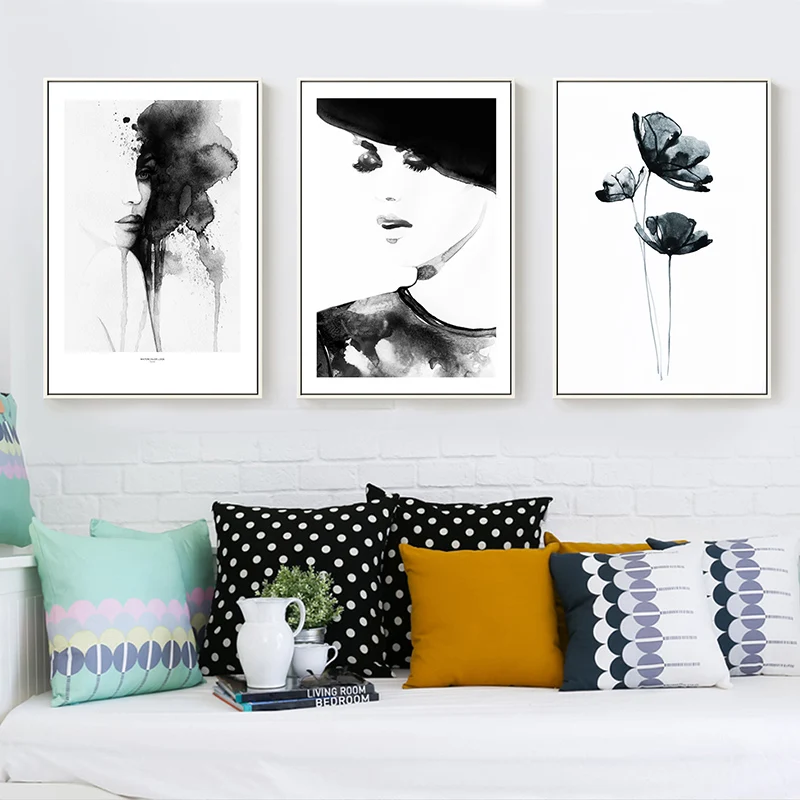 Pittura A Inchiostro Su Tela Poster Donna Arte Della Parete In Bianco E Nero Nuova Donna Astratta Cinese E Immagini Di Fiori Di Loto Decorazioni Per L
