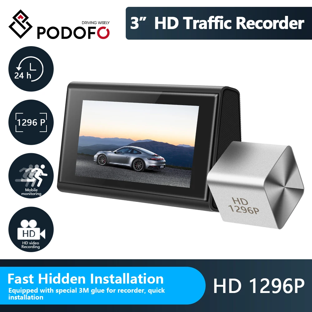 

Podofo Original Dashcam Car DVR Video Recorder 24H Parking Monitor Auto Registrator Night Vision Dash Camera Speed No GPS ADAS