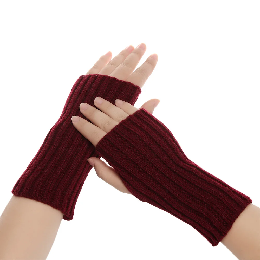 Style3-wine red 1 Pair Fashion Autumn Winter Spring Warm Women Ladies Girl Solid Gloves Arm Warmer Long Fingerless Xmas Knitting Wool Mittens - Цвет: Style3-wine red