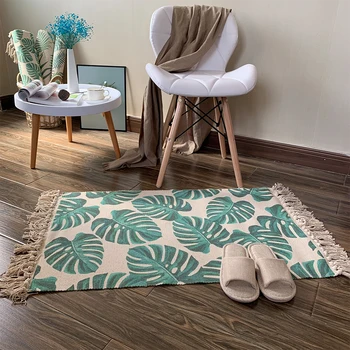 

Nordic Braided Tassels Decorative Sofa Rugs kitchen Bedside Area Rug Soft Machine Wash Bath Mat Palm Leaves Living Room Carpet