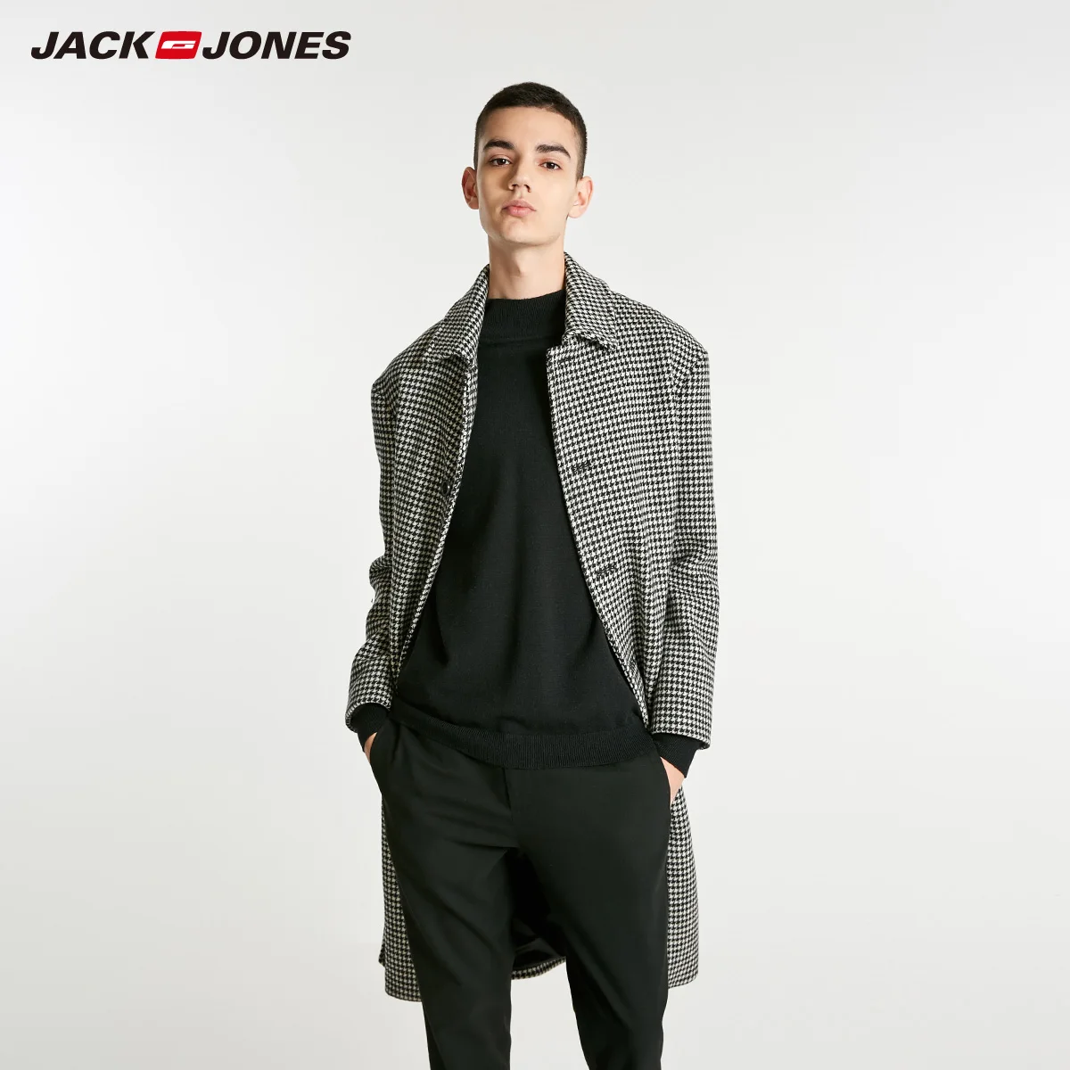 Jack Jones зимнее мужское однобортное длинное шерстяное пальто в ломаную клетку | 218427510