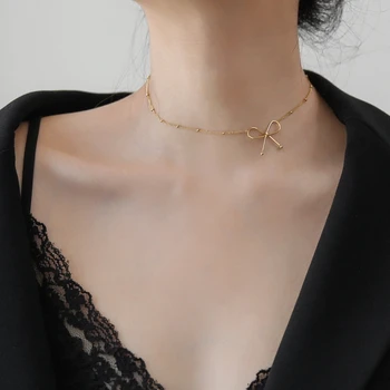 

YUN RUO Trend 14 K Gold Bow Necklace Choker Chain Woman Fashion Elegant Titanium Steel Jewelry Gift Never Fade Hypoallergenic
