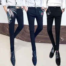 Модные мужские узкие брюки, облегающие брюки, повседневные мужские брюки, повседневные Черные Брюки с вышивкой Y65