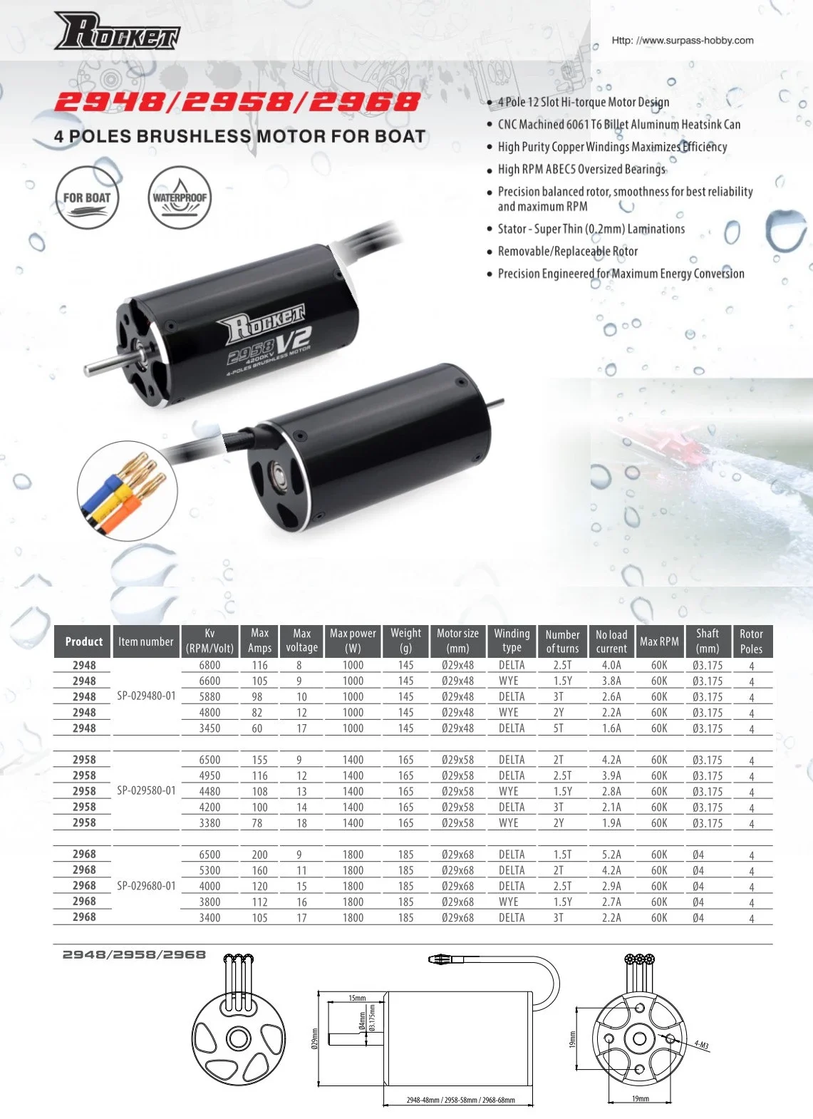 Surpass rc boat accessories Rocket 2958 waterproof brushless electric boat motor for remote control boats