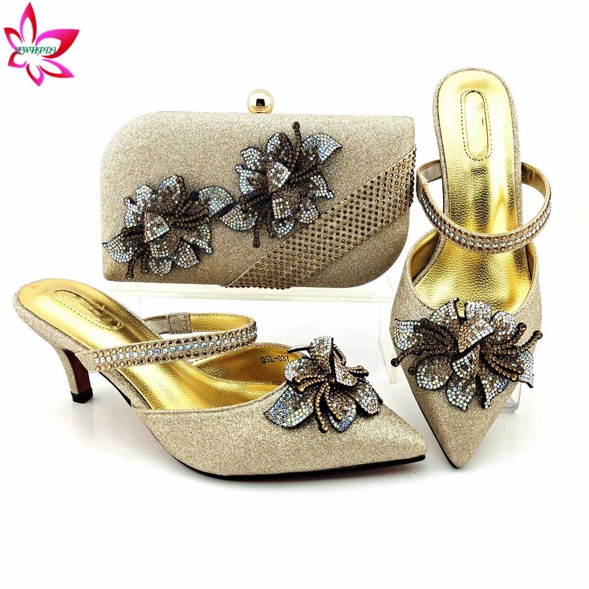 Latest Italian Design Nigerian Mature Women Shoes Matching Bag in Champagne Color Slingbacks Pumps with Shinning Crystal | Обувь