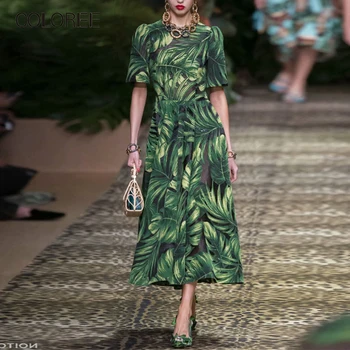 

2019 New Spring Runway Designer Dress Women Elegant O-neck Short Sleeve Green Leaf Printed Midi Dress