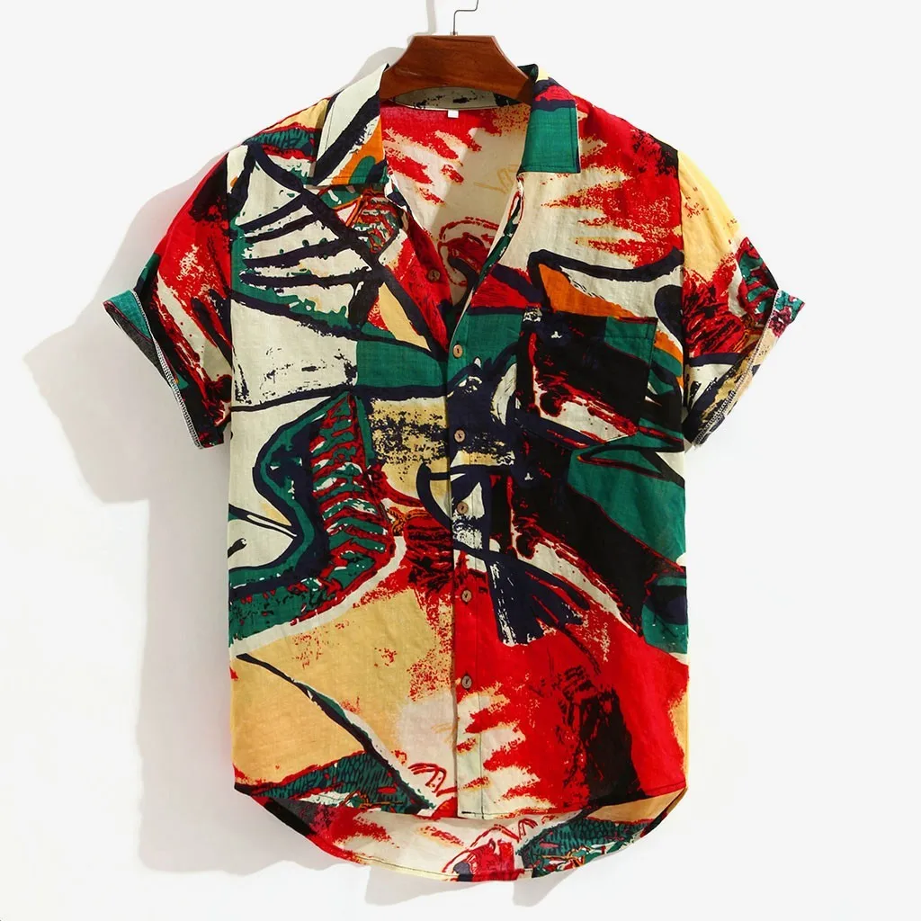

Mens Summer Hawaiian Shirt Printed Chest Pocket Turn Down Collar Short Sleeve Loose Shirt Beach Blouses Mens Camisa Femenina