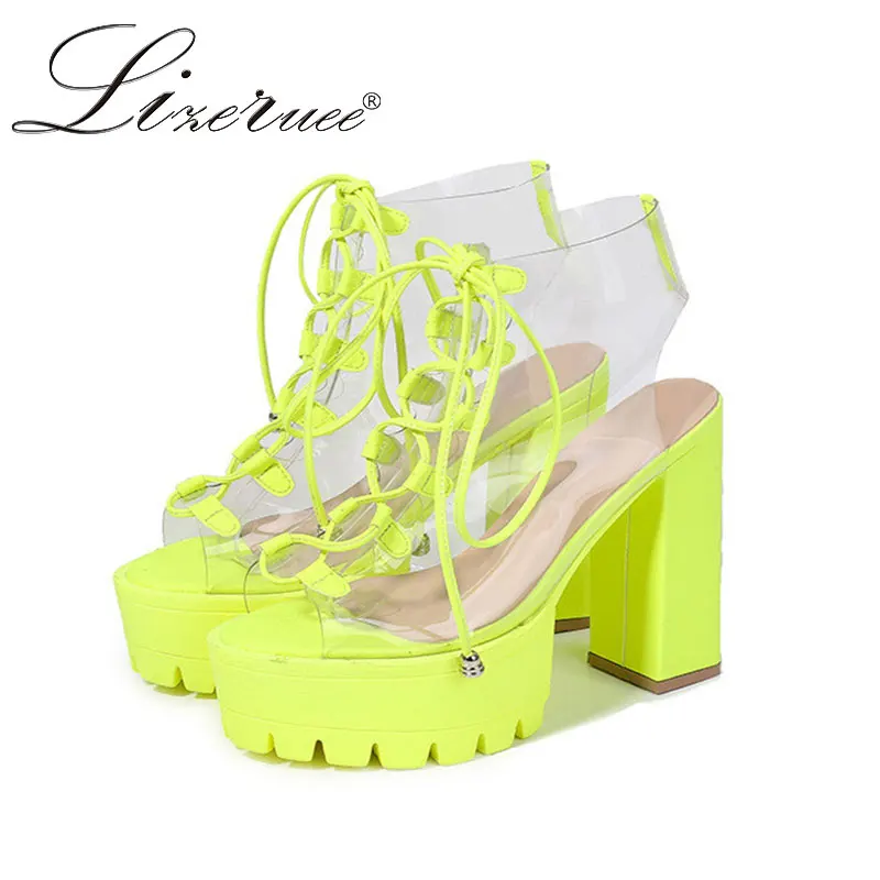 

Summer Cross Strap Open Toe Lace-up Gladiator Sandals High Heels Platform Boot Women Candy Transparent Jelly Sandals Big Size 42
