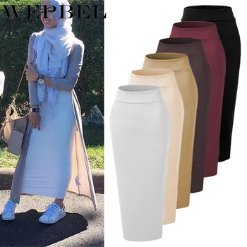 

WEPBEL Women Abaya Muslim High Waist Long Middle Pencil Skirt Elastic East Bodycon Cotton Skirts Musilim Islamic Dress